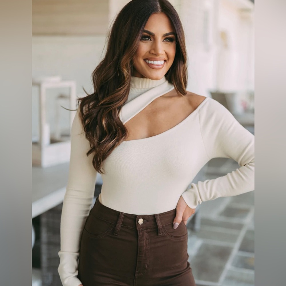 Asymmetrical Hem Mock Neck Bodysuit- Beige